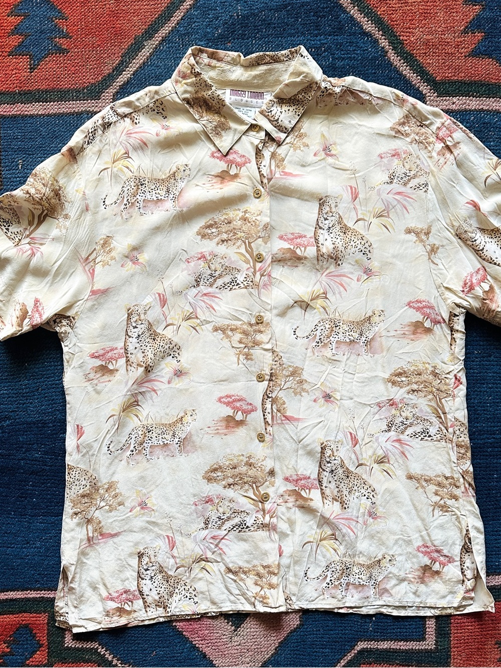Maggie London Beige Safari Print Short-Sleeve Silk Blouse